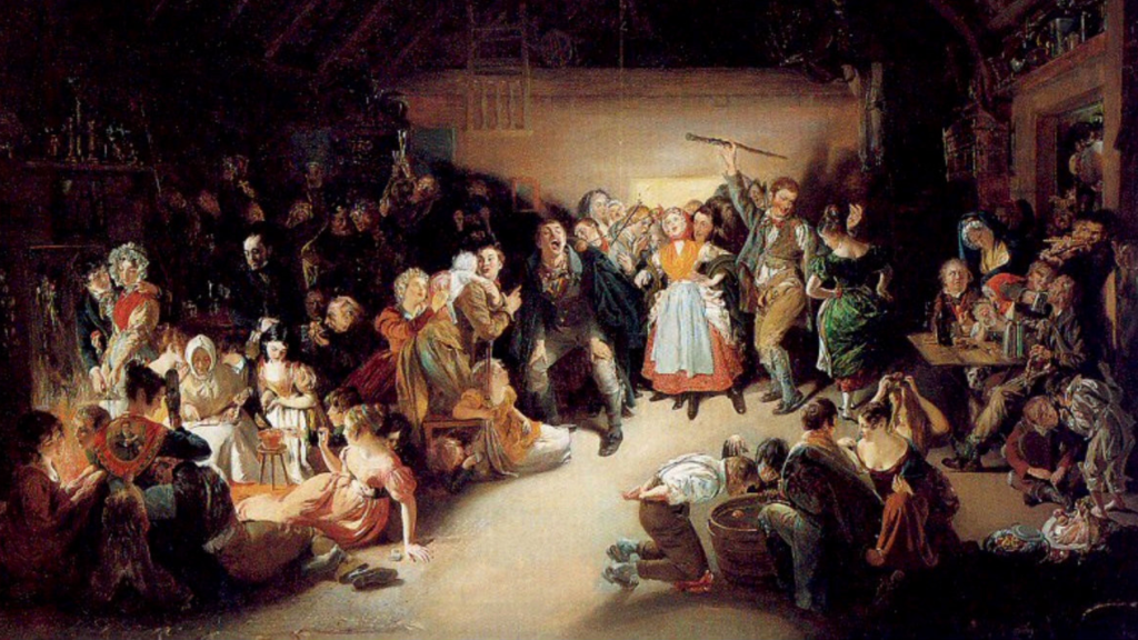 celtyckie i słowiańskie obchody świąt zmarłych, dziady i samhain kulrura, tradycje Historyczna scena inspirowana obrzędem Dziadów. Spotkanie żywych i zmarłych przy ogniu, pełne symboliki i refleksji. Dawna tradycja pamięci przodków w kulturze słowiańskiej